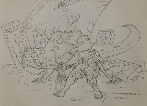 Among stones and fallen memorials to the dead a spiky dragon confronts a sword-slinging werewolf player character in loose fitting armor.