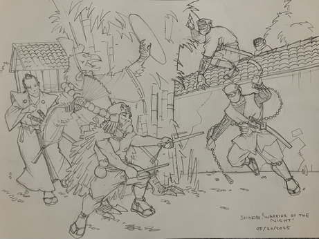 A trio of adventurers - human samurai, tengu sorcerer or cleric in court dress, and a rustic dwarf (koborukuru?) barbarian or ranger with jitte - rush to meet three ninja vaulting a wall. In the background is some poorly drawn bamboo, and a poorly drawn minka.