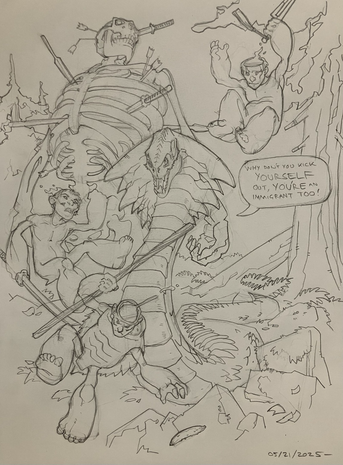 Japanese styled D&D monsters, three kappa leap through the air around a naga, one kappa reaches for a cucumber. They are in a forest and behind them looms an immense gashodokuro.