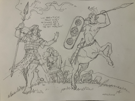 Wild elf army crests a hill, with mountains in the background. In the front are a champion with a gae bolg in warp-frenzy, a bard with a bodhran, and a red deer centaur.