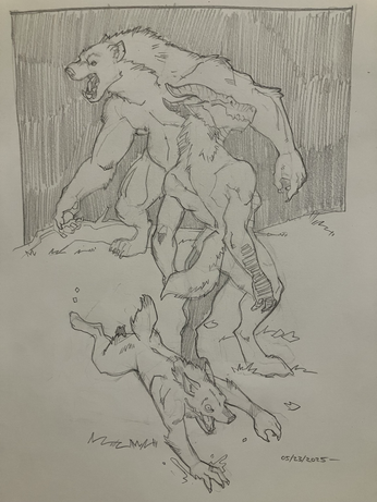 Follow up to earlier art with fantasy characters who’ve gotten lycanthropy. Top to bottom an orc or half orc, dragonborn, and gnome or goblin.