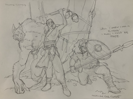 Three cultists of Malar the Beastlord in a sketchy forest; a werewolf, a priest spattering blood or other liquid using his seax, and an armored infantryman with spear and shield.