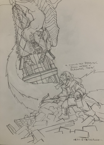 A limnorn perches on a steeple jutting from ruins as a sole dwarven ranger hero fumbles for the magic crossbow bolt which could defeat it.