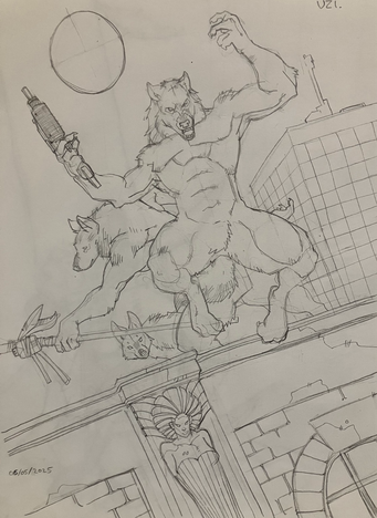 A pack of three urban werewolves on a rooftop, one in wolf form, and two in half human forms - one of which is leaping from the rooftop.