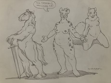 Three curvier anthros; draft mare with sword and chamfron, hyena and fox.