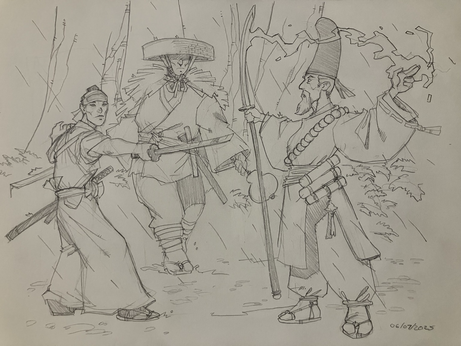 Two samurai confront a mysterious shugenja or other magician, in a forest.