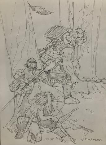 In presumably a different forest, two orcs - a billman and an archer - hide behind a big tree as an ambush for some huge oni with a club.