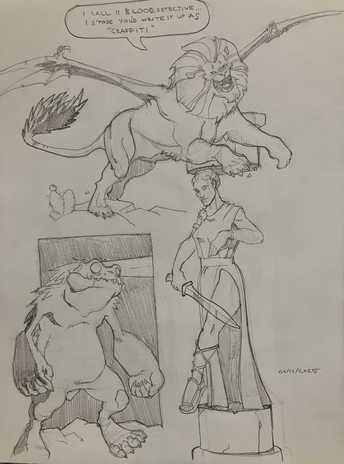 Manticore (traditional lion monster), blindheim (weird frog monster) and caryatid column (lady statue monster).