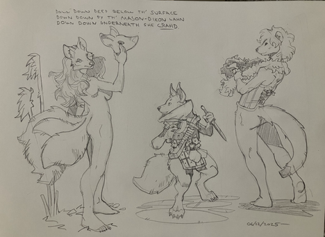 A beautiful kitsune with a mask and no clothes; an adventuring fennec with a hand crossbow, dagger and lots of clothes; a very Gay mink wearing only a corset and boa.