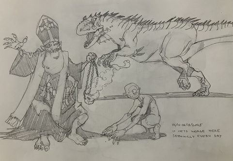 Three dungeon monsters; a ghoul cleric with a skull censer, a fiendish Allosaurus and a nothic (little cyclopean creeper).
