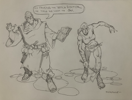 Two atypical adventurers; a Goliath exiled from his tribe for learning wizardry (strictly forbidden!) and some sort of half-undead as a barbarian.