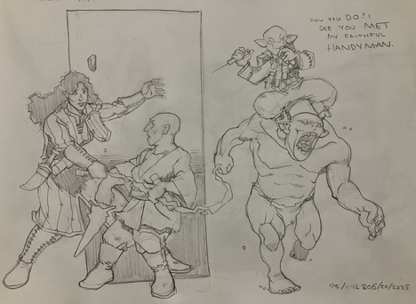 A clash between psionicists - one with a psychic energy whip, the other with a psychically generated knife - and a goblin alchemist riding on his ‘roided up pal as he readies another injection of uhh… I’m sure it’s safe.