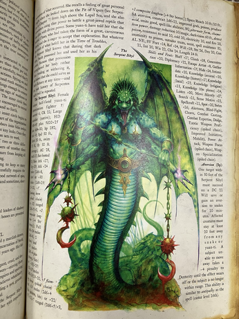 A yuan ti abomination with a snake tail, four arms, wings and little Chaos pasties. Pretty sure this is a piece by the late great Wayne England.