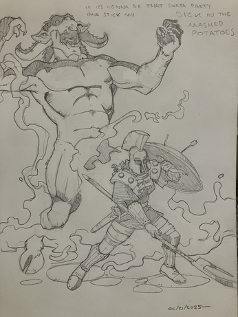 A fighter in archaic styled armor charges forward with a fauchard fork. Behind her a summoned fiendish ally steps out a a cloud of smoke.
