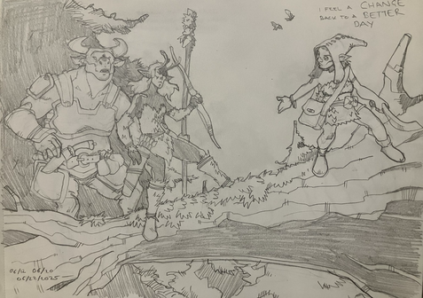 A trio of druids - minotaur, dark elf and gnome - cross a big fallen tree to cross a gap.