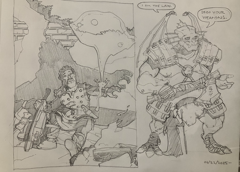 A dwarven adventurer relaxing by a fire is suddenly spattered by slime from a looming ooze above him, and he reaches for his axe. Unrelated, a half-dragon half-giant NPC.