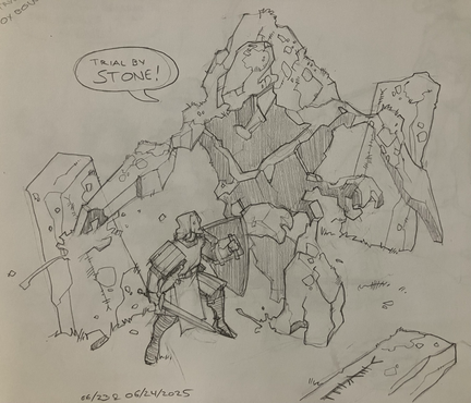 Massive earth elemental encrusted with moss and lichen slams a stony spike into part of a standing circle, missing a much smaller human fighter.