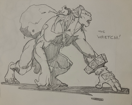 A hunched Neanderthal or trollish figure carrying an ominous sack on his back and wearing a single glove with ornamental plates.