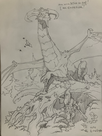 In a forest a gnome sneaks under a fallen tree while an amethyst dragon perches on top.