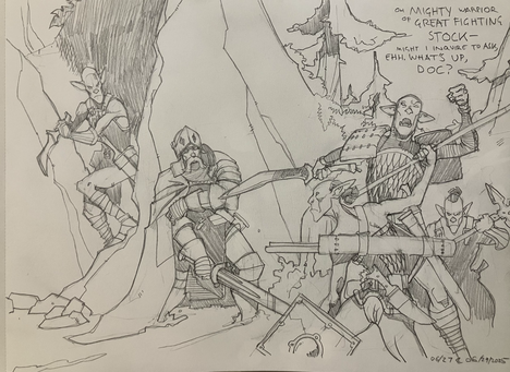 A war party of hobgoblins chases and surrounds a solitary human knight, cornering him against a big rock in the river.