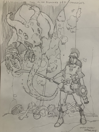 Somewhere underground, an adventurer carrying a rhomphaia, buckler and lantern is surprised by a big lizard or minor drake hunting from a crevice. Below it are a lot of bones from earlier victims.