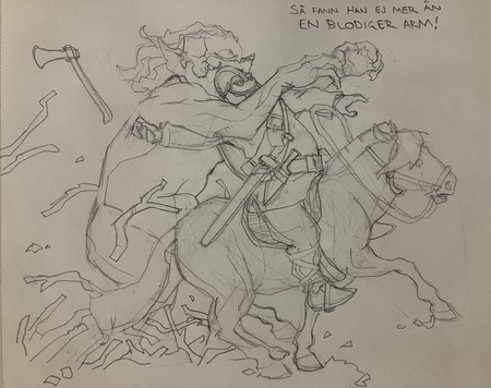 A heavily armored and armed horseman is suddenly ambushed by a big mountain troll springing out of twigs and sticks.