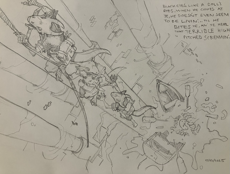Three kobolds exploring a part-submerged dwarven hall encounter… something toothy, and climb a support pillar together to escape as it eats their rowboat.