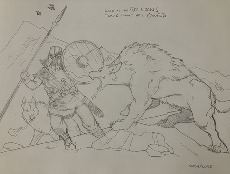 In a snowy wilderness with mountains high in the background, two massively muscled winter wolves flank an armored bondi or huscarl - and one uses her frigid breath weapon on him.