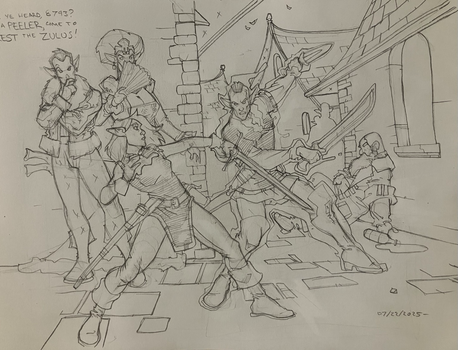 Somewhere in the great Underdark city of Menzoberranzan, a dual wielding drow elf launches a vicious attack at a rapier wielding drow, who uses fairy fire to light him up while desperately trying to parry. In the background, a matriarch and her bodyguard watch and a duergar is passed out in the street.