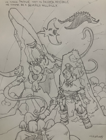 In among the mushrooms and rock formations in the Underdark, a duergar druid hides behind a rock from a big roper which has captured and is eating an intellect devourer. Two cloakers flap past in the distance.
