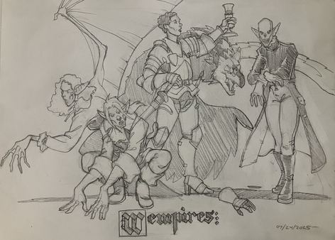 Fantasy vampires. A woman in a poet shirt growing wings, a crouched bestial man with disproportionately long arms, an armored noblewoman, a “valravn” from Scandinavian folklore, and a nosferatu.