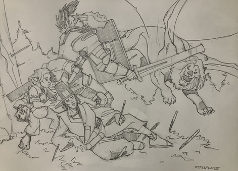 A manticore swoops around for a second attack on a party of adventurers; a halfling cleric rushes to aid a wizard hit in the leg by the first salvo of tail spikes, while a dragonborn in armor shields the group.