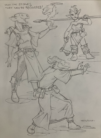 Three unarmored fantasy types; two dragonborn spellcasters and a gnome barbarian.