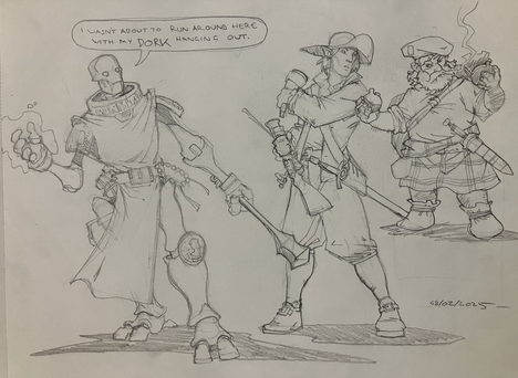 Three more unarmored fantasy characters; a warforged cleric, half elf ranger with blunderbuss, and a dwarf grenadier/petardist