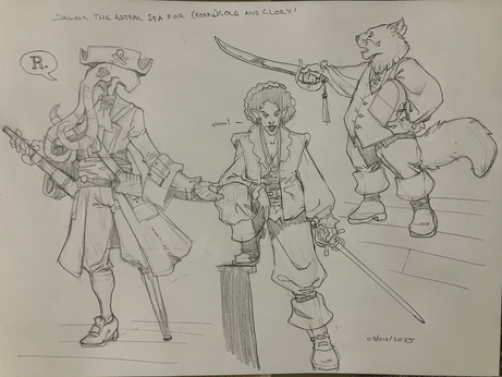 Three D&D types in anachronistically 18th century clothing; an illithid with a peg leg and spyglass, a half elf with a rapier and a tabaxi with a cutlass.